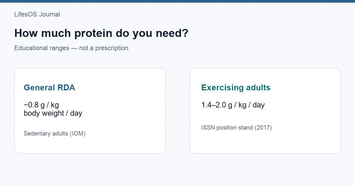 Protein needs guide with daily ranges and examples of protein-rich meals