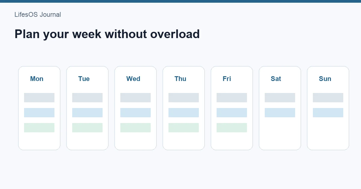 Weekly calendar layout with priorities and buffer blocks
