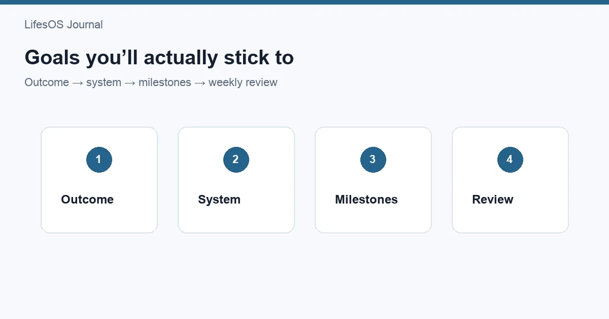 Goal map showing an outcome connected to milestones, weekly habits, and review points