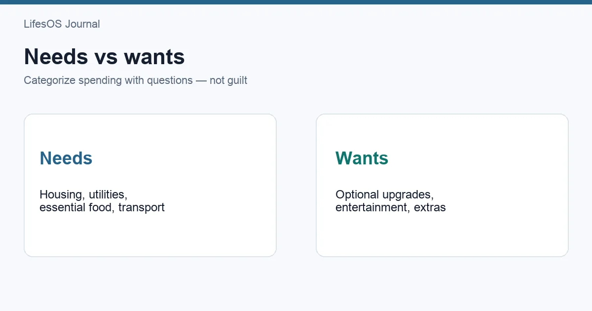 Needs versus wants spending categories with decision questions