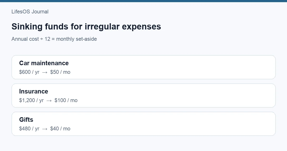 Monthly sinking fund set-asides for car repairs, insurance, holidays, and annual fees