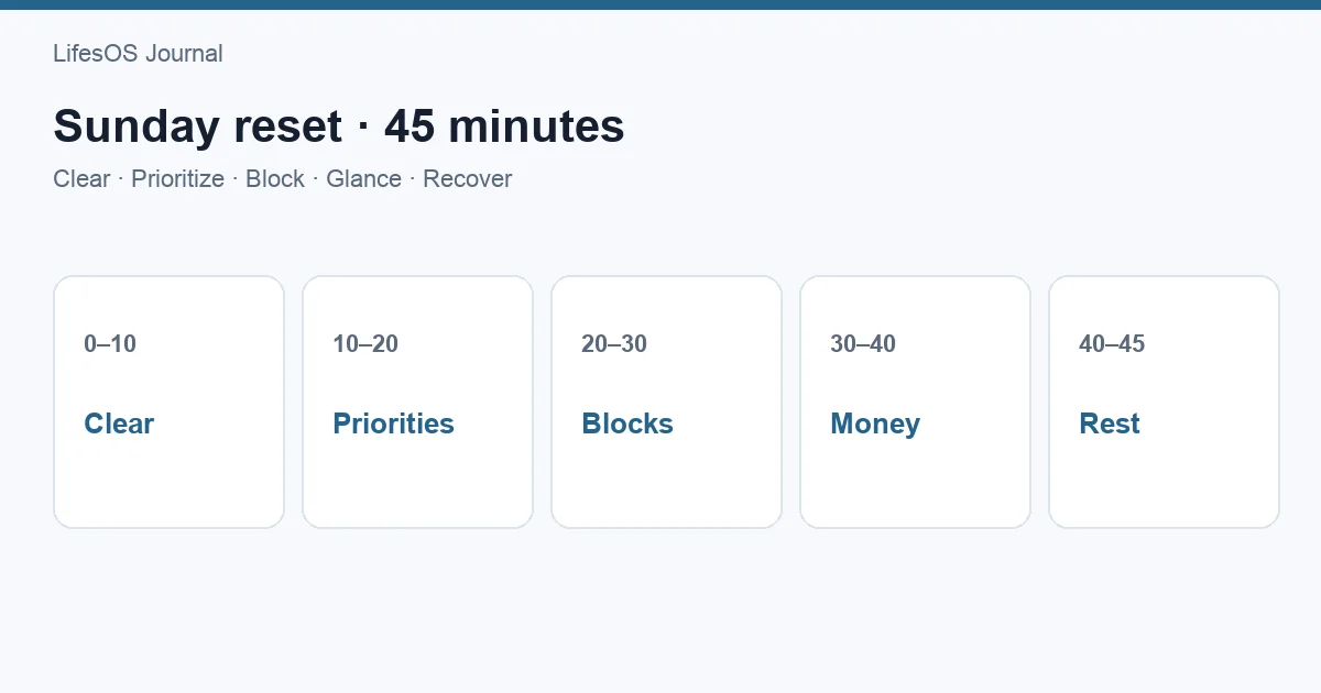 45-minute Sunday reset checklist with calendar, tasks, money, and recovery