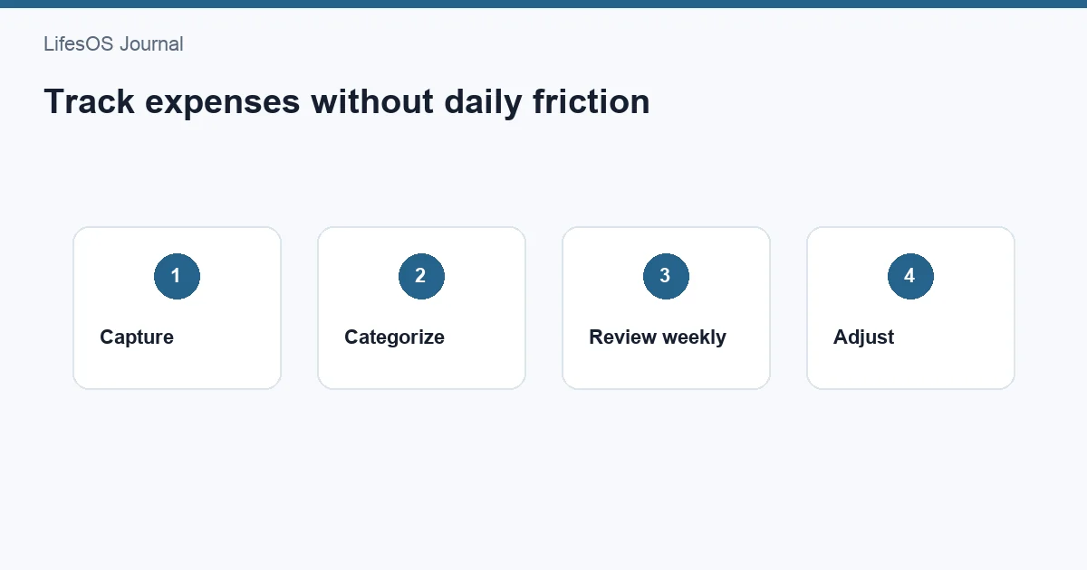 Four-step expense tracking flow: capture, categorize, review, adjust
