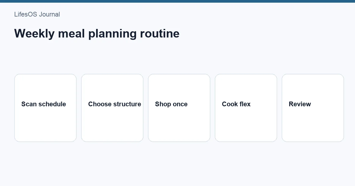 Weekly meal plan beside a calendar and organized grocery list